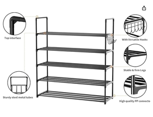 Metal Shoe Rack <strong>with</strong> 5 Tiers for 20-25 Pairs Storage Adjustable <strong>Entryway</strong> Bedroom Hallway <strong>Shelf</strong> Metal Bottom Support Shoe <strong>Hooks</strong> - Product Image 4