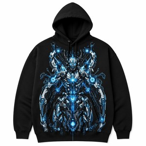 Sweat à capuche zippé surdimensionné personnalisé OEM, 380 GSM, épais, délavé à l'acide, brodé, motif graphique Cyberpunk Mech Circuit, écologique, DTG - Product Image 1