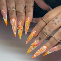Ongles longs en acrylique style stiletto, dégradé rose, feuilles 3D, faux ongles multicolores ombrés, perles dorées, faits à la main, à pression
