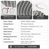 Fanlı Isıtıcı Taşınabilir Seramik PTC Alan Elektrikli Isıtıcı 2 Isı Ayarı 1000W 2000W Aşırı Isınma Koruması Devrilme Anahtarı VDE Ofis Masası Isıtıcısı