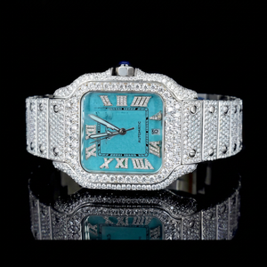 Blue Dial Square Stainless Steel Watch Moissanite Diamond Bezel Analog Bracelet Automatic <b>Calendar</b> Luxury Jewelry - Product Image 1