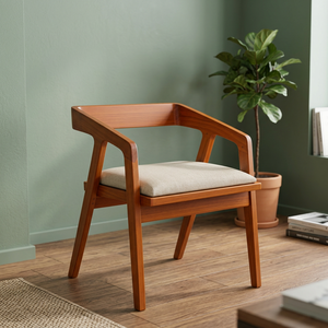 Chaise de salle à manger en bois de style mid-century modern avec accoudoirs en lin et pieds coniques - Product Image 3
