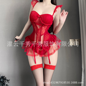 Flowery Lingerie Sweet Lace Mesh Skirt <b>Shaping</b> Vest with Underwire Push-Up Padded Bra Women's Uniform Set 5175 - Product Image 1