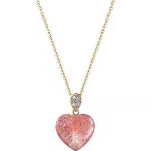 Strawberry Quartz Heart Necklace Pink Crystal Pendant Bezel Setting Everyday Wear 10cm Extended Chain - Product Image 5