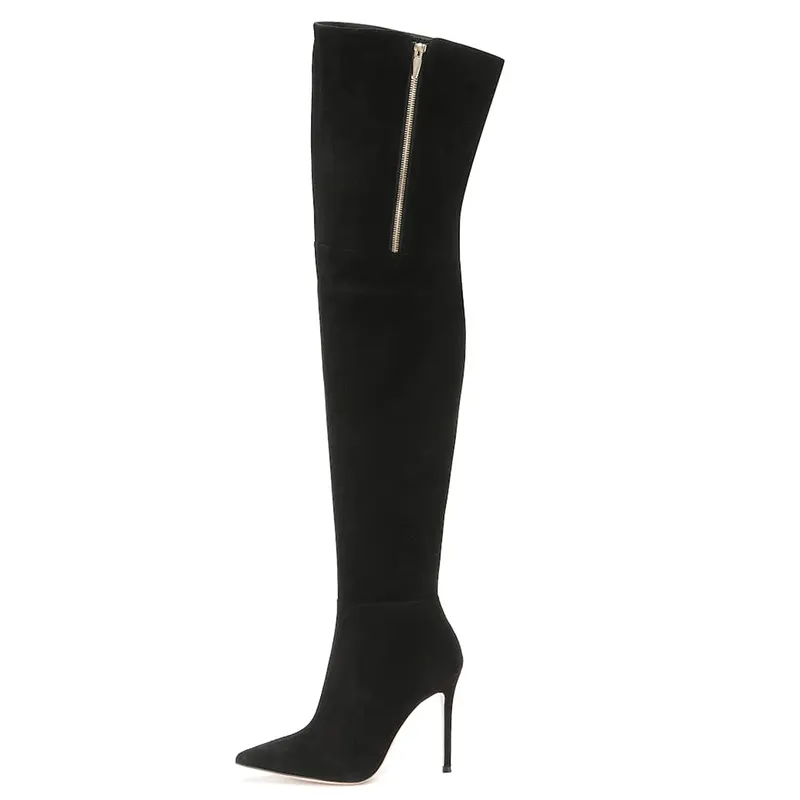 Women Black Suede Zipper Pointed Toe Stiletto High Heels Thigh High Over the Knee Boots