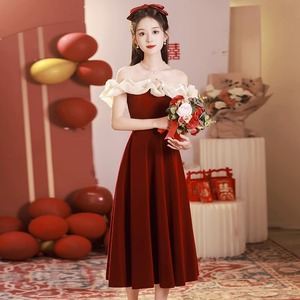 Off-the-shoulder Red Engagement Dress Mid-length Strapless Natural Waistline Contrast Color Wedding Evening Gown - Product Image 1