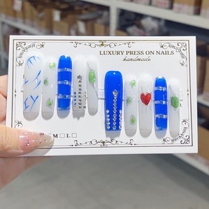 Ms.Miemie 10 <span class=keywords><strong>Uñas</strong></span> Postizas Hechas a Mano Estilo Francés, <span class=keywords><strong>Largas</strong></span>, con Líneas <span class=keywords><strong>Azules</strong></span> <span class=keywords><strong>y</strong></span> <span class=keywords><strong>Blancas</strong></span>, Diseño Cuadrado para Dedos, Productos Terminados, <span class=keywords><strong>Uñas</strong></span> al por Mayor - Product Image 3