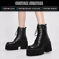 Bottines en cuir noires à lacets pour femmes CHENO Fashion High, élégantes et stylées.