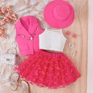 Ms-138 Children Summer Clothes Outfits Tank Top Vest Mini Skirt Hats 4 Piece Toddler Girl Dresses Set for Baby Girls