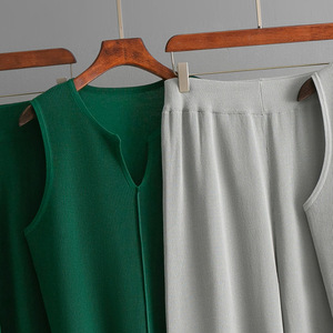 Conjunto de Dos Piezas Casual de Verano para Mujer, <span class=keywords><strong>Top</strong></span> de Punto sin Mangas, Pantalones Anchos, Diseño Sólido, Conjunto de Suéter a la Moda - Product Image 6