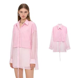 Blusa Casual de Manga Larga con Solapa Holgada y Empalmes de Hilo Transparente para Mujer - Product Image 1