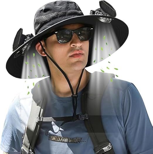Men's Outdoor Work Wide Edge Bucket Hat with 2 Solar Fans for Fishing Camping and Hiking Summer Season