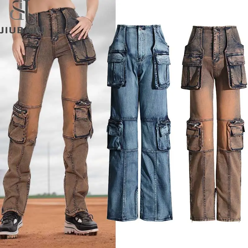Großhandel Frauen Baggy Washed Side Zipper Denim Hohe Taille Baumwolle Straight Jean Damen bekleidung Cargo Pants
