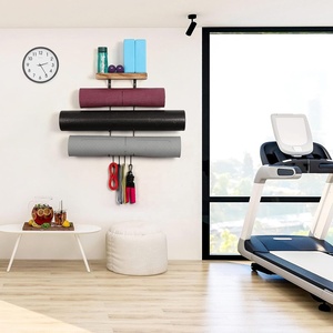 Soporte de Pared <span class=keywords><strong>para</strong></span> Esterilla de Yoga con Estantes de Madera y 4 Ganchos, Negro Carbonizado, Almacenamiento <span class=keywords><strong>para</strong></span> Gimnasio en Casa - Product Image 5