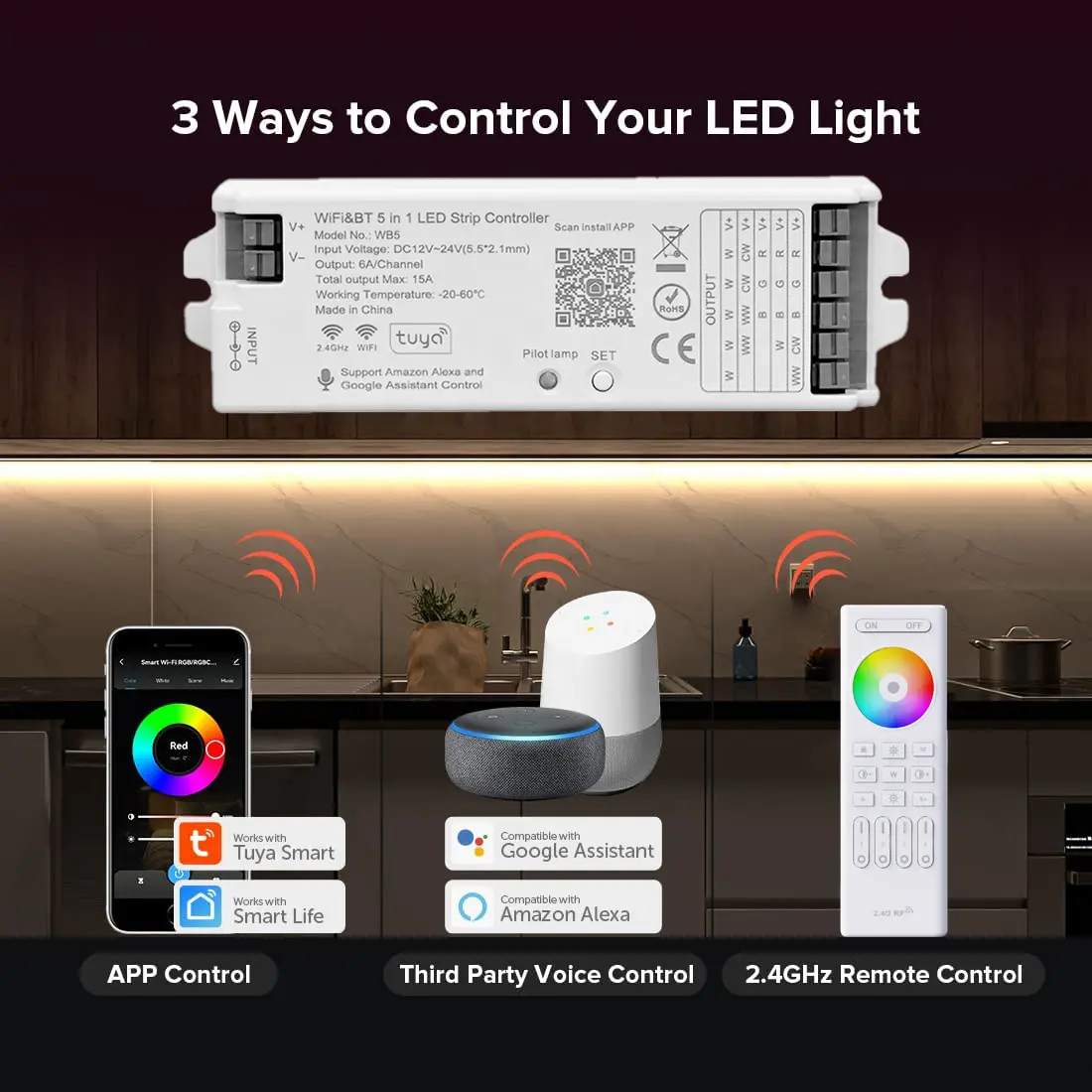 Tuya ponsel pintar WiFI Bluetooth RF, kontroler strip LED RGB RGBW DC 12V 24V 5 dalam 1 6A/Channel