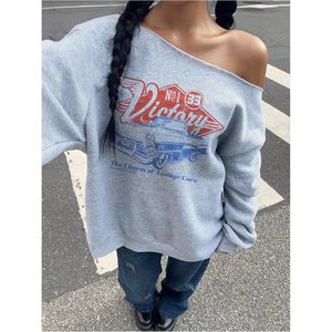 Sudadera de Mujer con Hombros Descubiertos, Manga Larga, Estilo Vintage, Holgada, Asimétrica, Prenda Urbana, Tejido Transpirable - Product Image 3