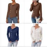 Blouse Femme Personnalisée OEM Printemps-Automne, Haut Long en Tricot Irrégulier avec Ourlet Semi-Plié, Boutons Décoratifs, Style Tendance et Élégant