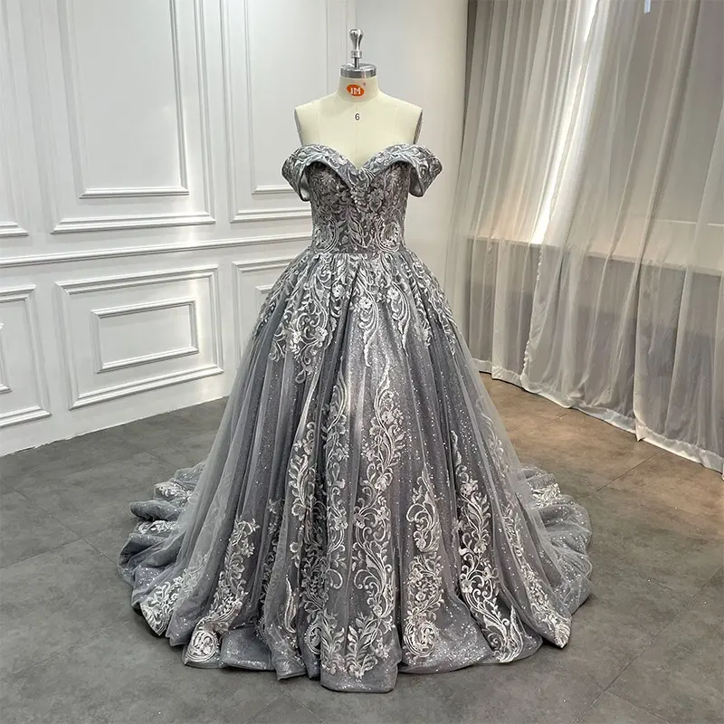 Custom Luxurious Lace Sequin Quinceanera Dress Ball Gown Women Elegant Grey Sweetheart Off Shoulder Formal Prom Party Maxi Gown