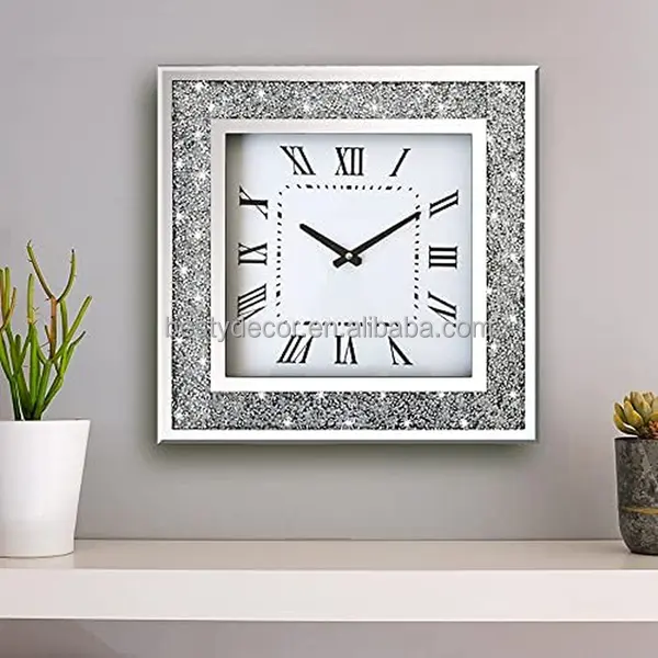 Wall Decoration Clock Modern Fashion Luxury Sparkle Simple Silver Crushed Diamond Mirror Square Furniture Home Decor