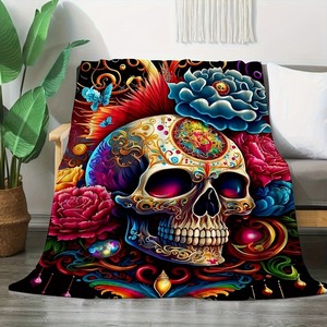Wholesale Colorful Skull Floral Print Throw <b>Blanket</b> Rectangular Flannel <b>Blanket</b> Decoration Four Seasons Use - Product Image 4