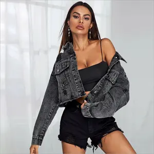 Automne Femmes Noir Récolte <span class=keywords><strong>en</strong></span> Denim <span class=keywords><strong>Veste</strong></span> - Product Image 1