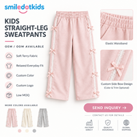 Pantalon droit personnalisé Smiledotkids pour enfants, rose, avec dentelle et nœud, taille élastique, OEM ODM, vente en gros pour petites filles