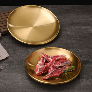 จานกลมสแตนเลสสองชั้นสีทอง เกรดอาหาร 304 สำหรับร้านอาหาร บาร์บีคิว จานตื้น สีพื้น - Product Image 1