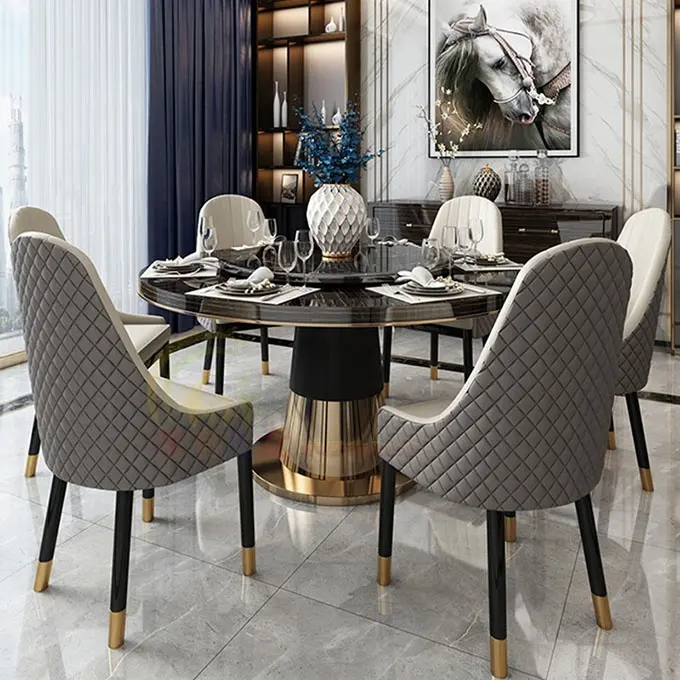 Dubai ışık lüks modern abanoz masa yuvarlak yemek döndürülmüş merkezi turntable ile yemek masası ve sandalyeler