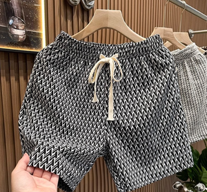 Shorts pour hommes à motif pied-de-poule, décontractés, coupe ample, taille élastique avec cordon de serrage, shorts d'été vintage en tricot texturé noir et <span class=keywords><strong>blanc</strong></span> - Product Image 2