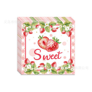 Ensemble de vaisselle jetable en papier rose aquarelle fraise pour fête d'<span class=keywords><strong>anniversaire</strong></span> et occasions multiples, 20 pièces : assiettes, gobelets, serviettes, nappe - Product Image 5