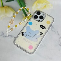 Étui de téléphone personnalisé de luxe pour filles, mignon chiot trèfle TPU+PC avec sangle et cordon pour 11 12 13/16/17 Pro Max Design Dotting Diamonds