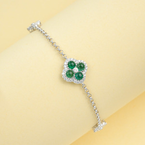 S925 Silver Lab-Created Emerald Four-leaf Clover <b>Bracelet</b> with Sparkling Diamond Halo, Elegant Women's Jewelry-V - Product Image 6