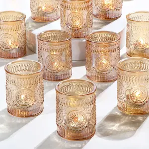 도매 골드 유리 Tealight 봉헌 촛대 및 유리 캔들 항아리 만들기 테이블 장식