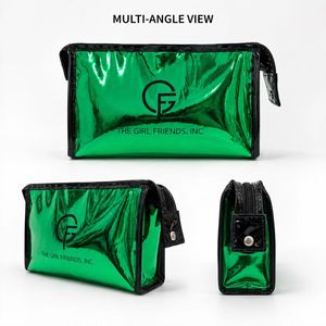 Custom Glossy PU <b>Makeup</b> Bag Large Capacity Cosmetic <b>Case</b> with Handle Double Zipper Hot Press Logo OEM Wholesale Organizer - Product Image 3