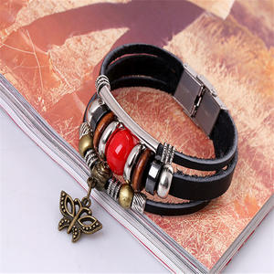 Gelang kulit sapi asli trendi, gelang kulit asli, gelang pesona kupu-kupu dan berlian, gelang manik-manik kulit sapi Retro Eropa dan Amerika - Product Image 4