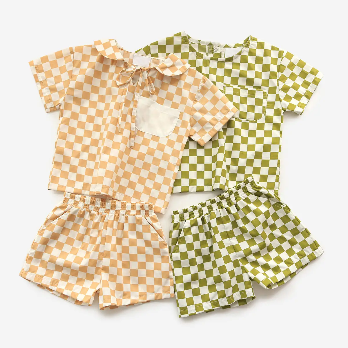Brand New Product Gingham Woven Baby Sets 2 Pieces Newborn Boy Girl Clothes Lapel Pocket Newborn Baby Sets