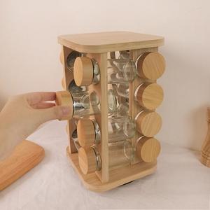 गर्म बिक्री बहु-समारोह बांस घूर्णन मसाला रैक आयोजक रैक आयोजक रसोई के लिए ग्लास जार + बीज लिड्स के साथ - Product Image 2