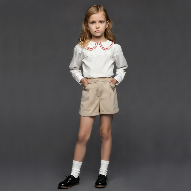2026 Most Popular Latest Style 100% Cotton Floral Chic Winter Autumn Girls' Children's Clothing Sets with Short Sleeve Shorts