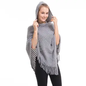 Ladies' Hooded Cape Fringed Hem Knitting Patterns Crochet Ponchos with hat for Women