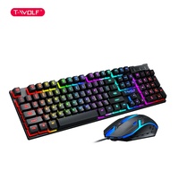 TF200 Keyboard dan Mouse Gaming Berkabel USB Spanyol Rusia Inggris dengan Lampu Latar RGB, Keyboard 104 Tombol, Mouse 3 Tombol