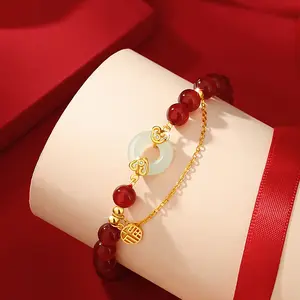 Cadeau Voor Vriend Natuurlijke Hetian Jade Sterling Zilver 925 Rode Agaat Vrede Gesp Amulet Stretch Armband