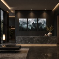 Lot de 3 tableaux encadrés Forêt Brumeuse sur toile, Triptyque Pin Brumeux, Rayons de Lumière, Oiseaux, Nature, Décoration pour Hôtel, Bureau, SPA