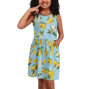 2024 New Product Kids Sleeveless Dress Print on Demand Lemon Print Girls Dress Custom Wholesale Sublimation Logo Novelty Dress