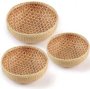 Woven Bamboo Storage <b>Basket</b> Round Fruit Bowl Decorative Kitchen Organizer with Patterned Interior - Product Image 1