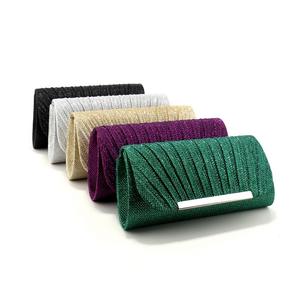 <b>Silver</b> Glitter Evening Clutch <b>Bag</b> Fan Pleated Design Metallic Bar Closure Formal Party Handbag with Detachable Chain Strap - Product Image 2