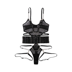 Body de malla transparente sexy para mujer con cinturón de bondage, lencería moldeadora, mono de una pieza, negro, tallas S, M, L - Product Image 5