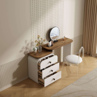 Coiffeuse moderne décontractée crème avec LED, six tiroirs, commode en bois massif, miroir éclairé et rangement pour petits appartements, chambres et hôtels