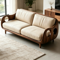 Canapé moderne 2 places pour salon avec structure en fibre de verre durable à effet bois, revêtement en cuir crème de qualité supérieure et design unique