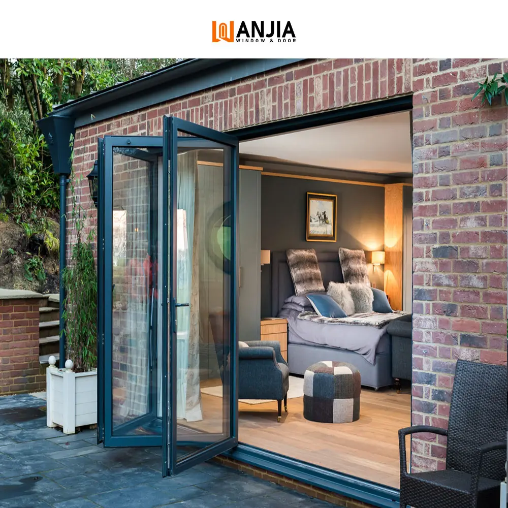 WANJIA, puerta de acordeón de Patio de estilo americano personalizada, puertas de aluminio de doble vidrio, puertas plegables de vidrio insonorizadas impermeables