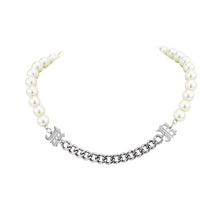 yunnique Punk Chic Pearl <b>Titanium</b> Steel <b>Chain</b> Spliced Necklace Unisex Party Jewelry Geometric Letter Design - Product Image 5